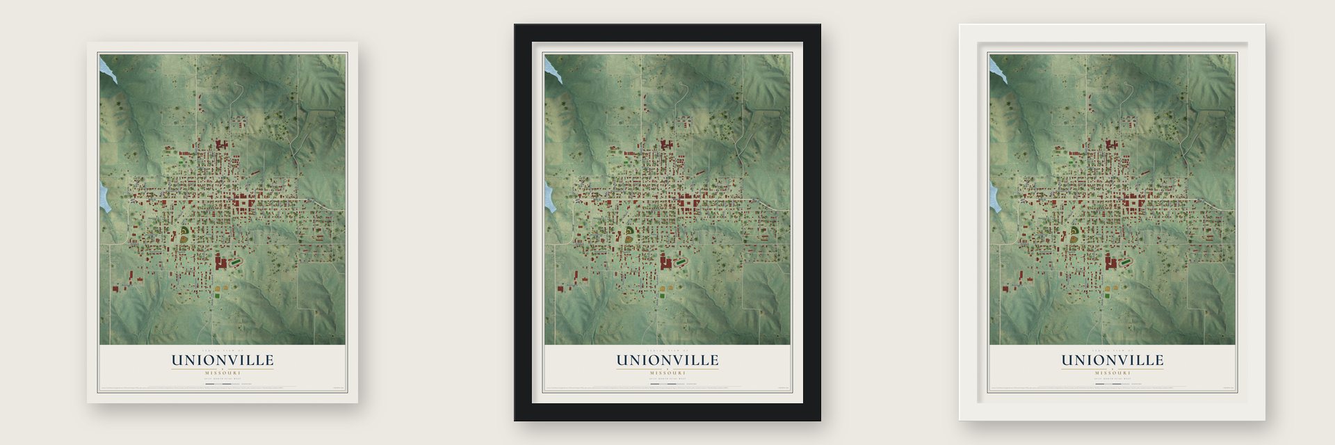 Unionville, Missouri map unframed, in a black wood frame and in a white wood frame