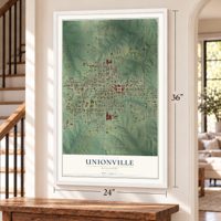 Unionville, Missouri map, 24 x 36 inch print in a white frame by a staircase
