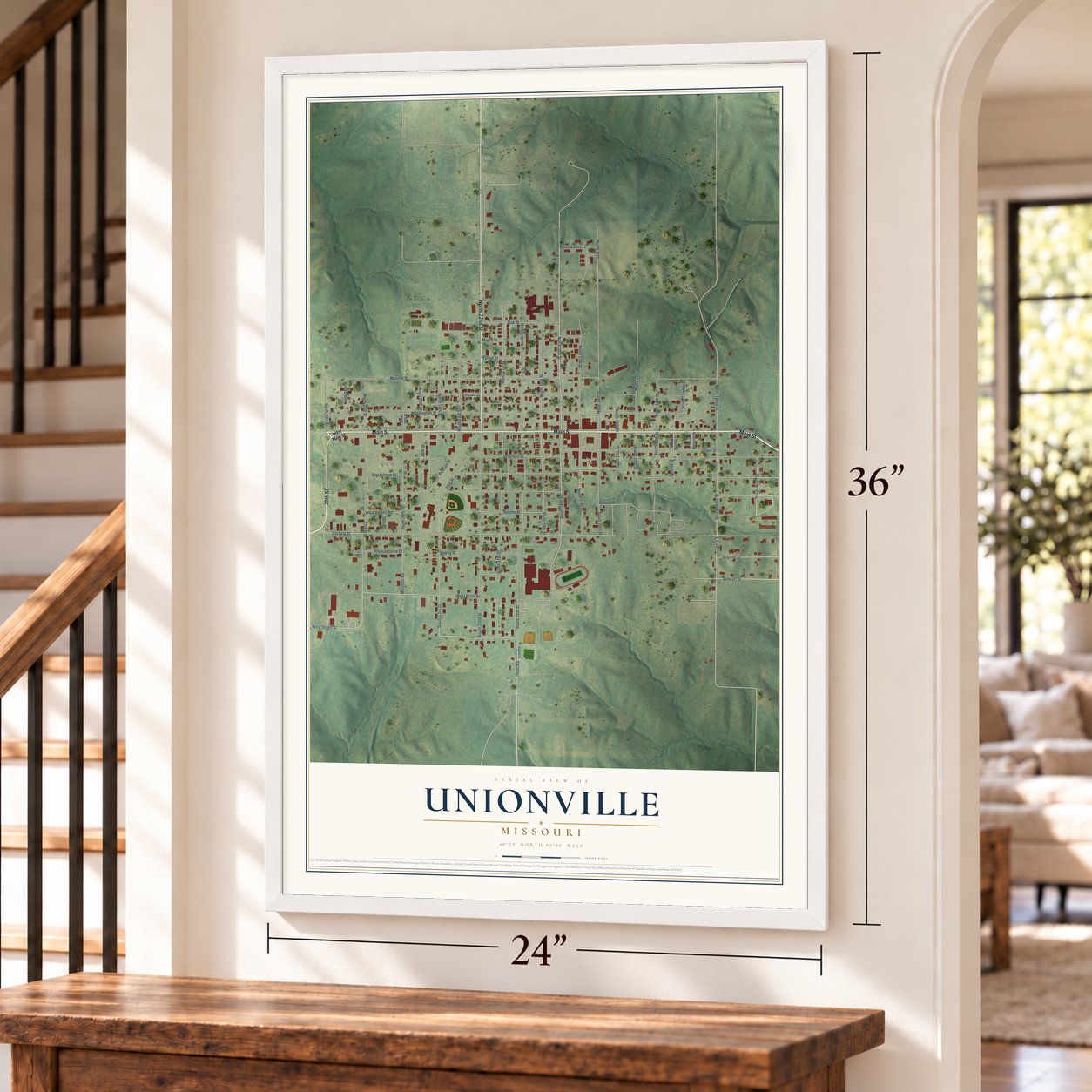 Unionville, Missouri map, 24 x 36 inch print in a white frame by a staircase