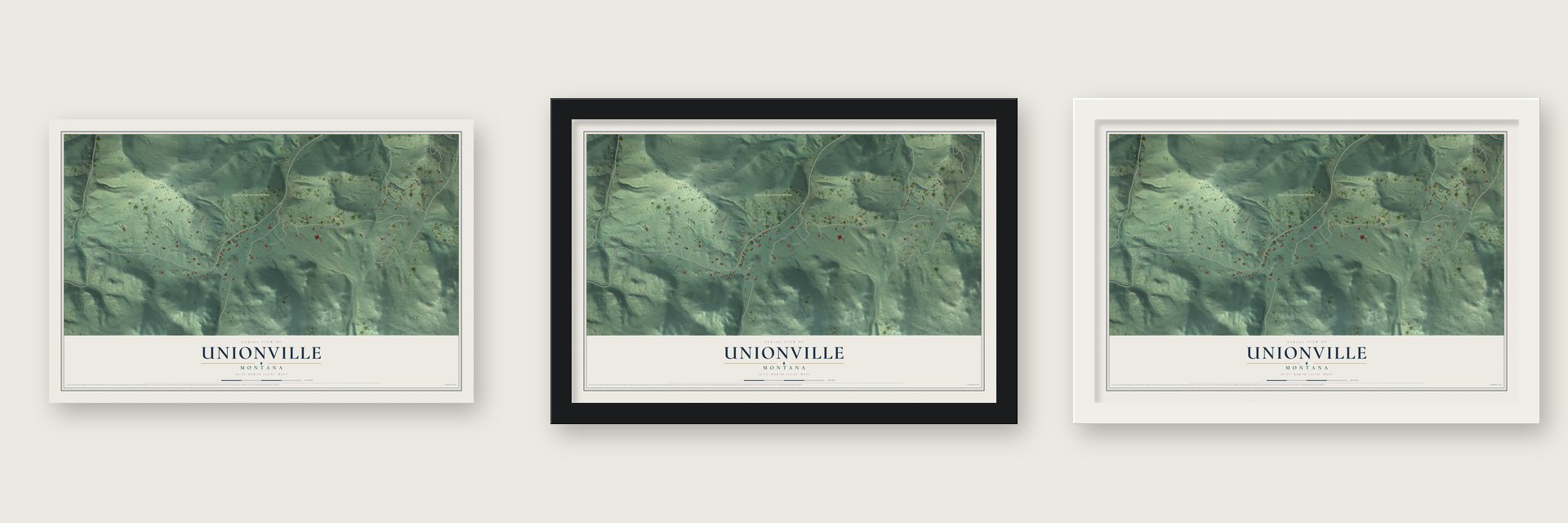 Unionville, Montana map unframed, in a black wood frame and in a white wood frame