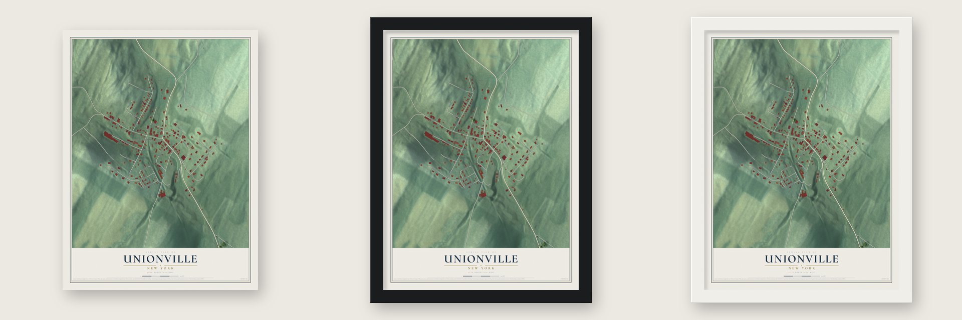 Unionville, New York map unframed, in a black wood frame and in a white wood frame