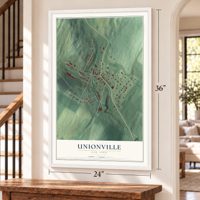 Unionville, New York map, 24 x 36 inch print in a white frame by a staircase