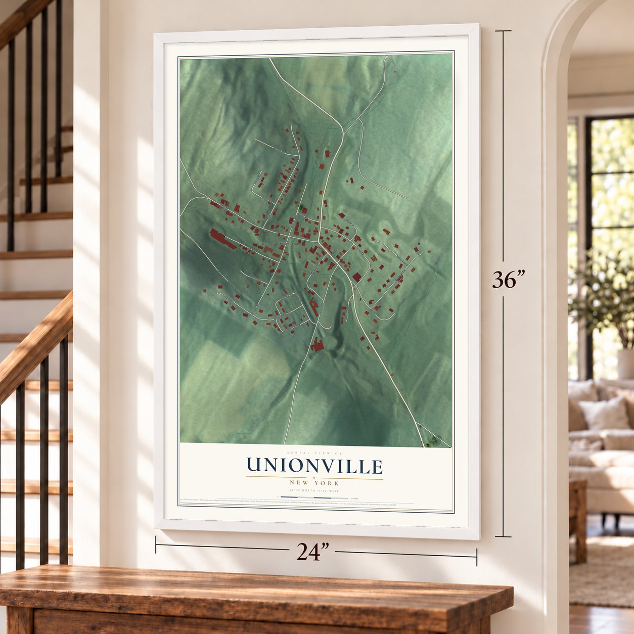 Unionville, New York map, 24 x 36 inch print in a white frame by a staircase