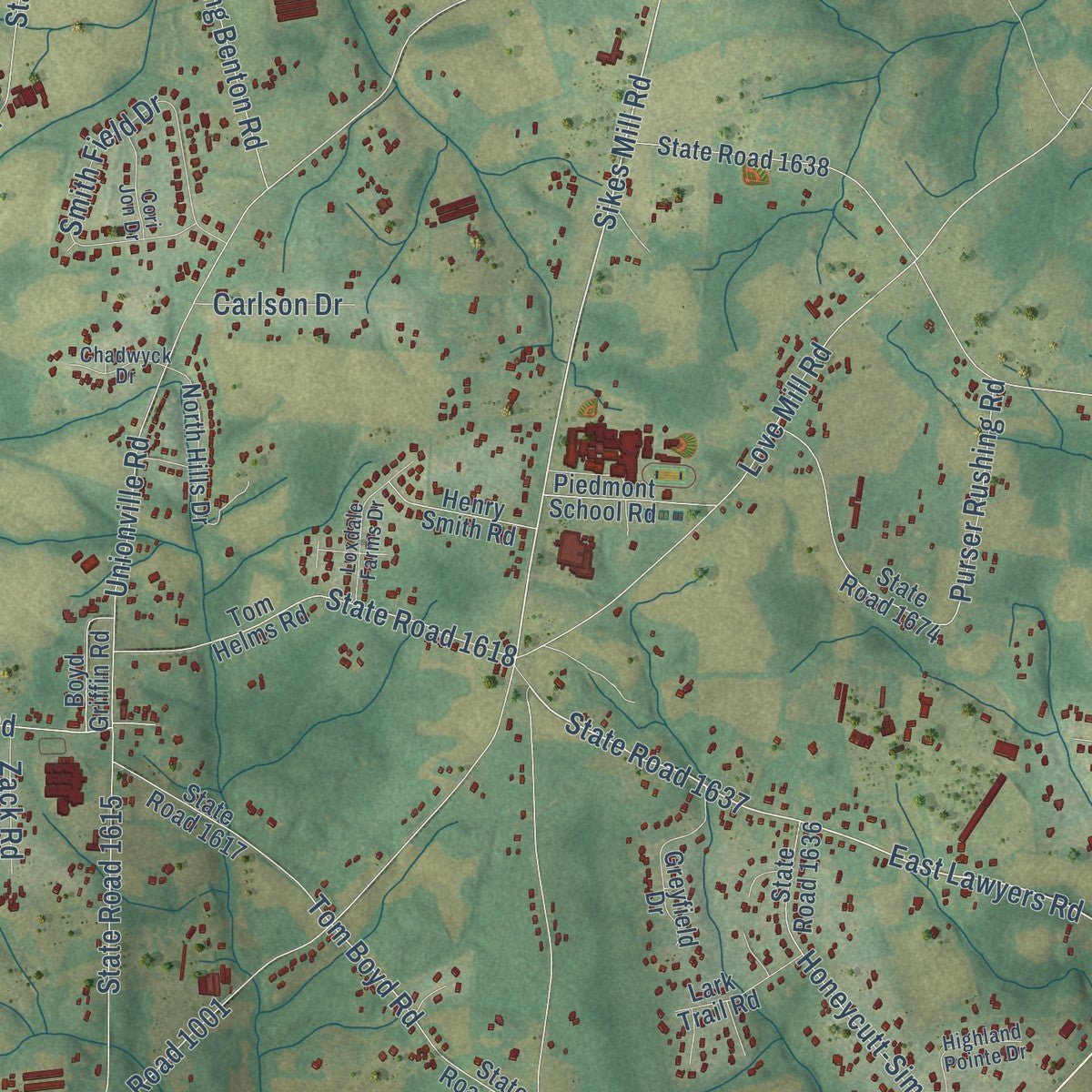 Second close-up of the map of Unionville, North Carolina print showing more streets and buildings