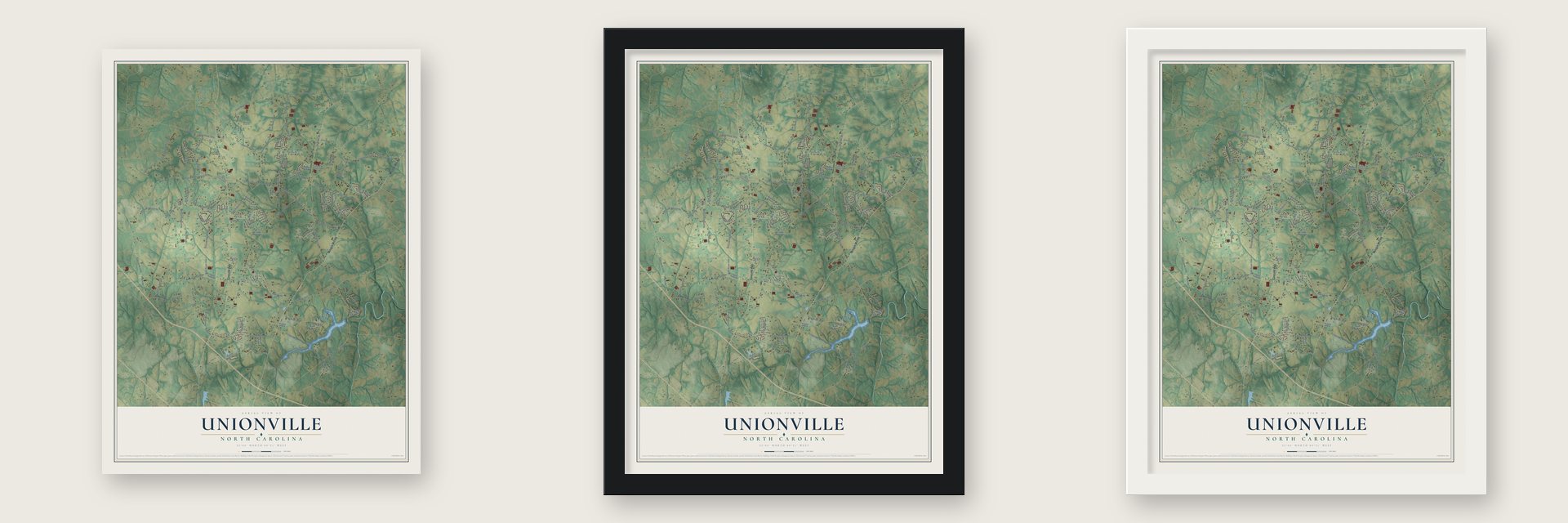 Unionville, North Carolina map unframed, in a black wood frame and in a white wood frame