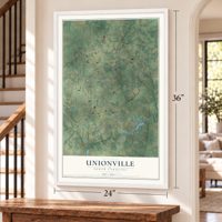 Unionville, North Carolina map, 24 x 36 inch print in a white frame by a staircase