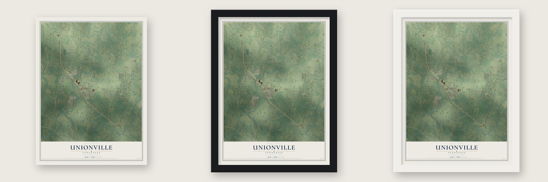 Unionville, Tennessee map unframed, in a black wood frame and in a white wood frame