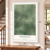 Unionville, Tennessee map, 24 x 36 inch print in a white frame by a staircase