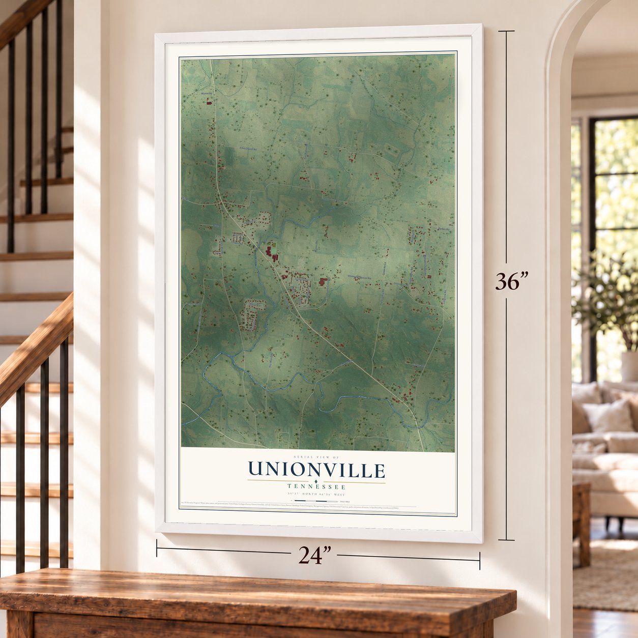 Unionville, Tennessee map, 24 x 36 inch print in a white frame by a staircase