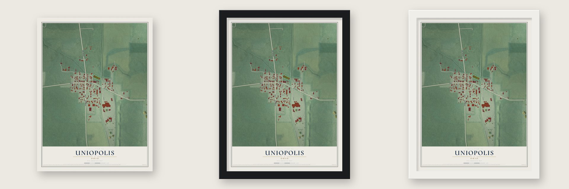 Uniopolis, Ohio map unframed, in a black wood frame and in a white wood frame