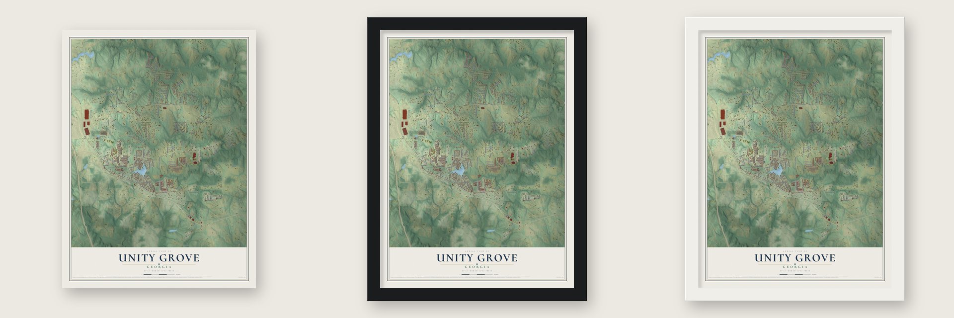 Unity Grove, Georgia map unframed, in a black wood frame and in a white wood frame
