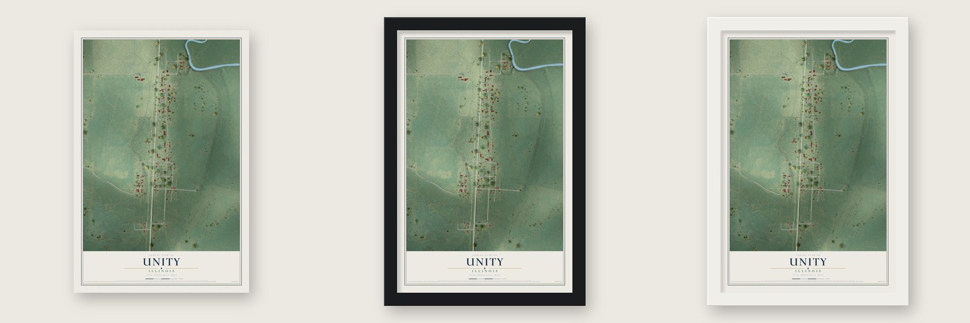 Unity, Illinois map unframed, in a black wood frame and in a white wood frame