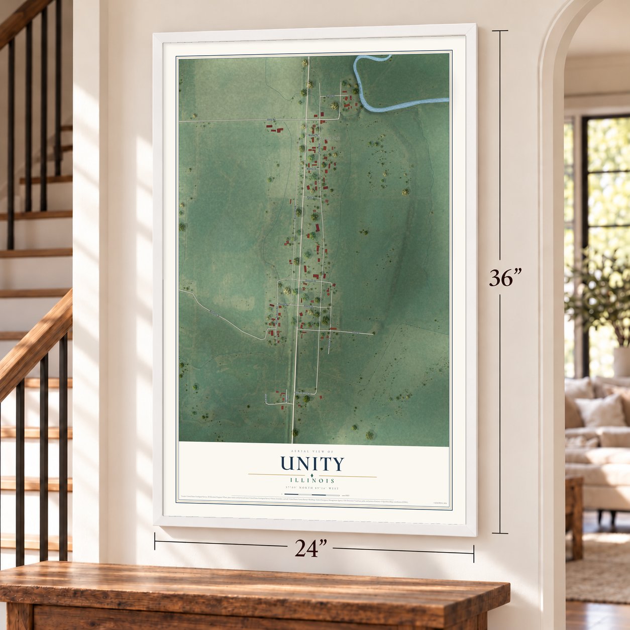 Unity, Illinois map, 24 x 36 inch print in a white frame by a staircase