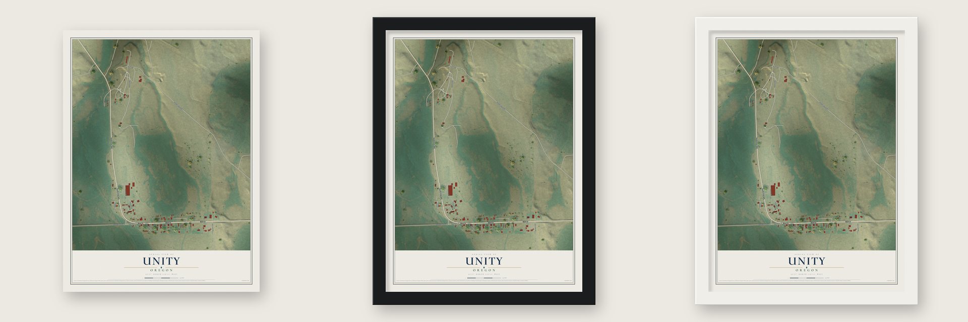 Unity, Oregon map unframed, in a black wood frame and in a white wood frame