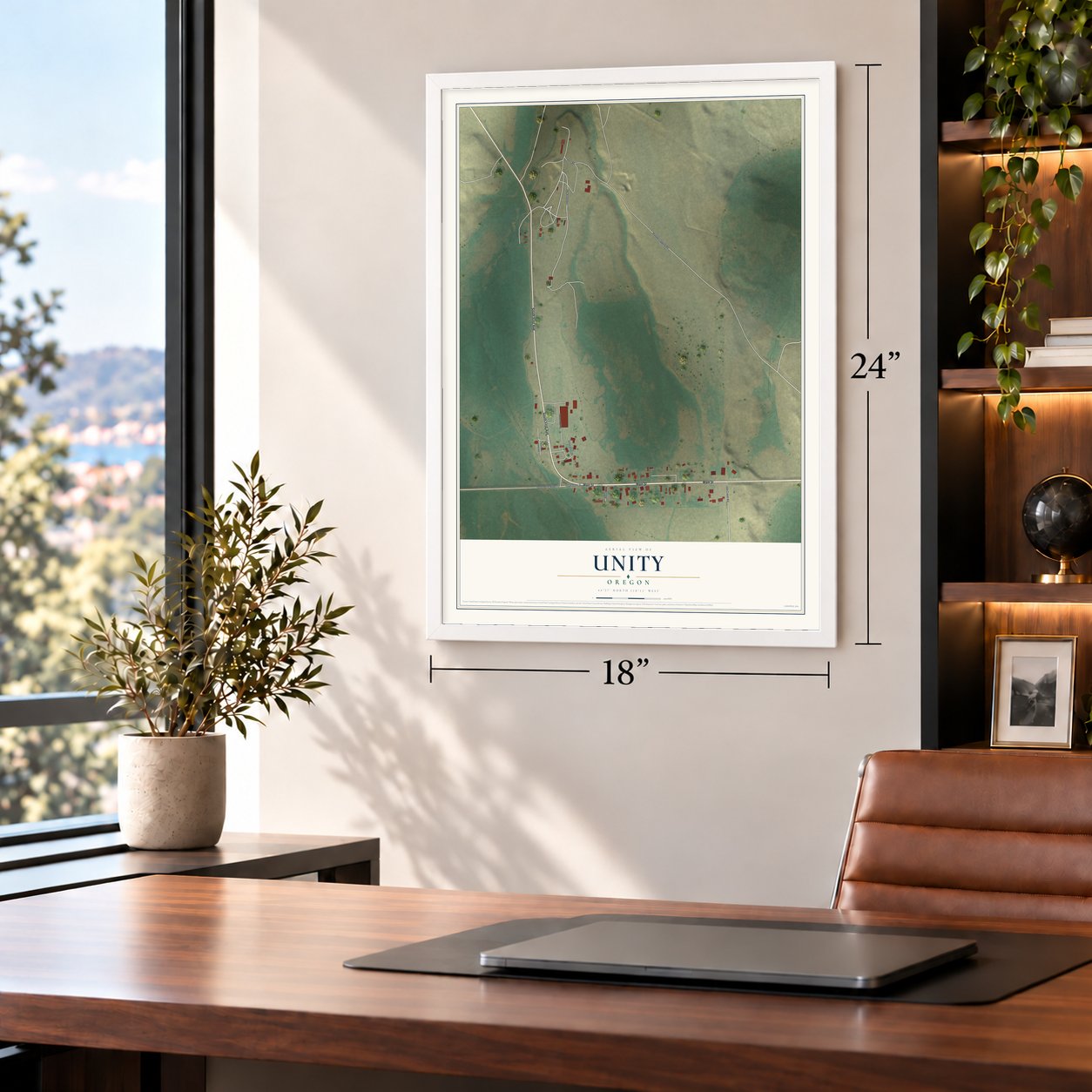 Unity, Oregon map, 18 x 24 inch print in a white frame in a home office
