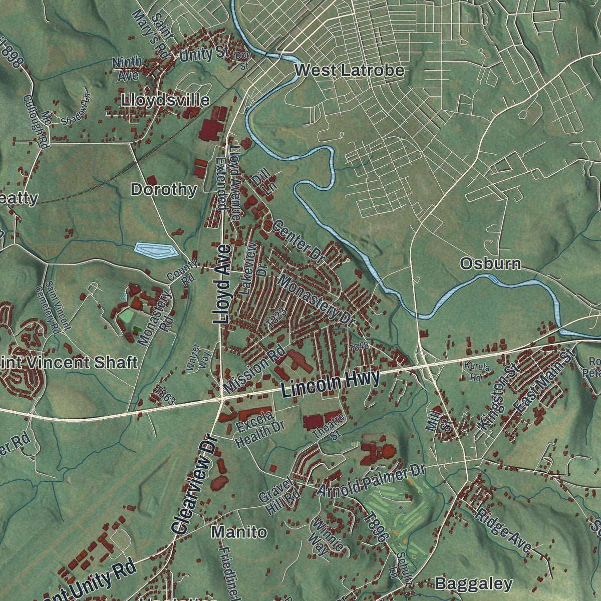 Second close-up of the map of Unity, Pennsylvania print showing more streets and buildings