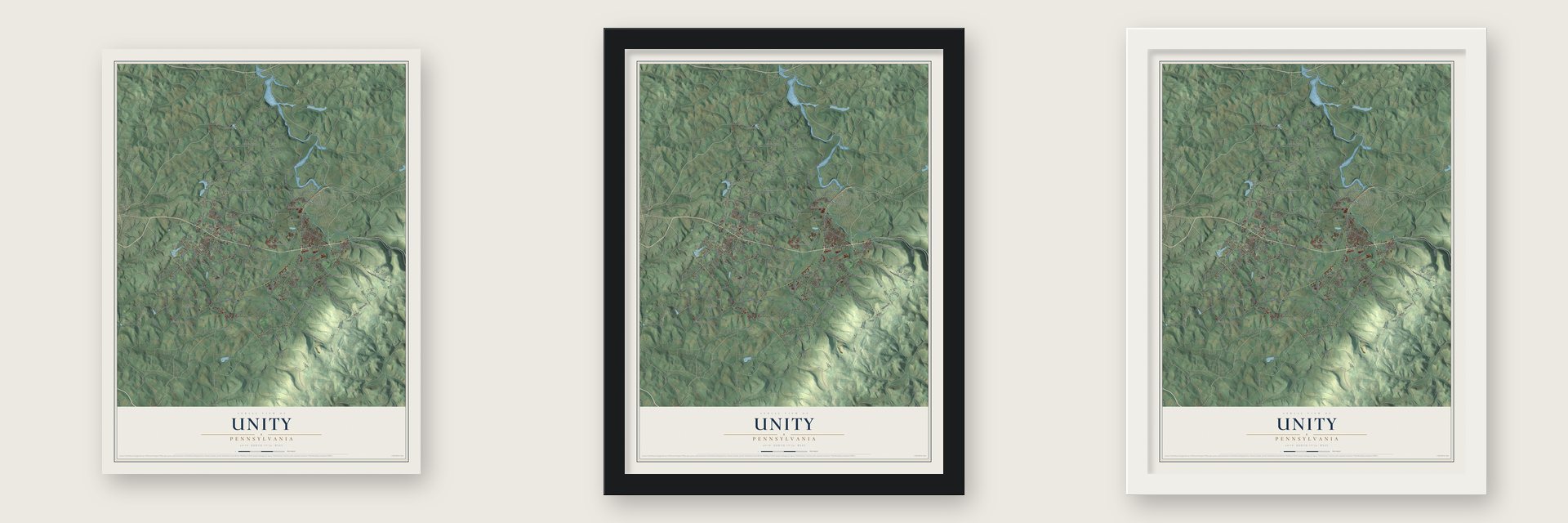 Unity, Pennsylvania map unframed, in a black wood frame and in a white wood frame
