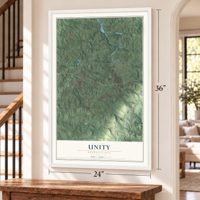 Unity, Pennsylvania map, 24 x 36 inch print in a white frame by a staircase