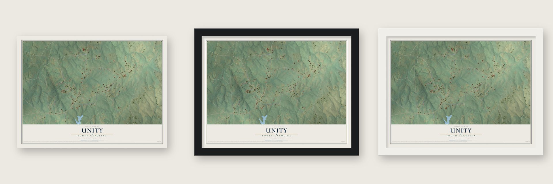 Unity, South Carolina map unframed, in a black wood frame and in a white wood frame
