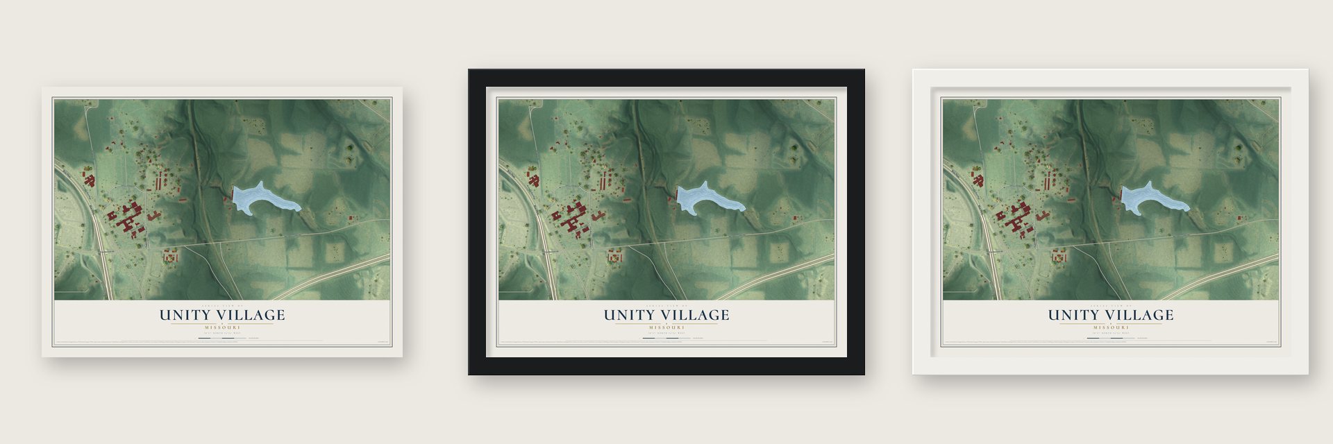 Unity Village, Missouri map unframed, in a black wood frame and in a white wood frame