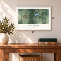 Unity Village, Missouri map, 12 x 18 inch print in a white frame in an entryway