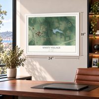 Unity Village, Missouri map, 18 x 24 inch print in a white frame in a home office
