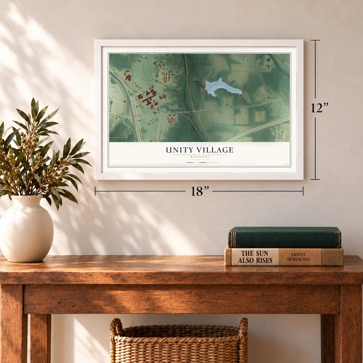 Unity Village, Missouri map, 12 x 18 inch print in a white frame in an entryway