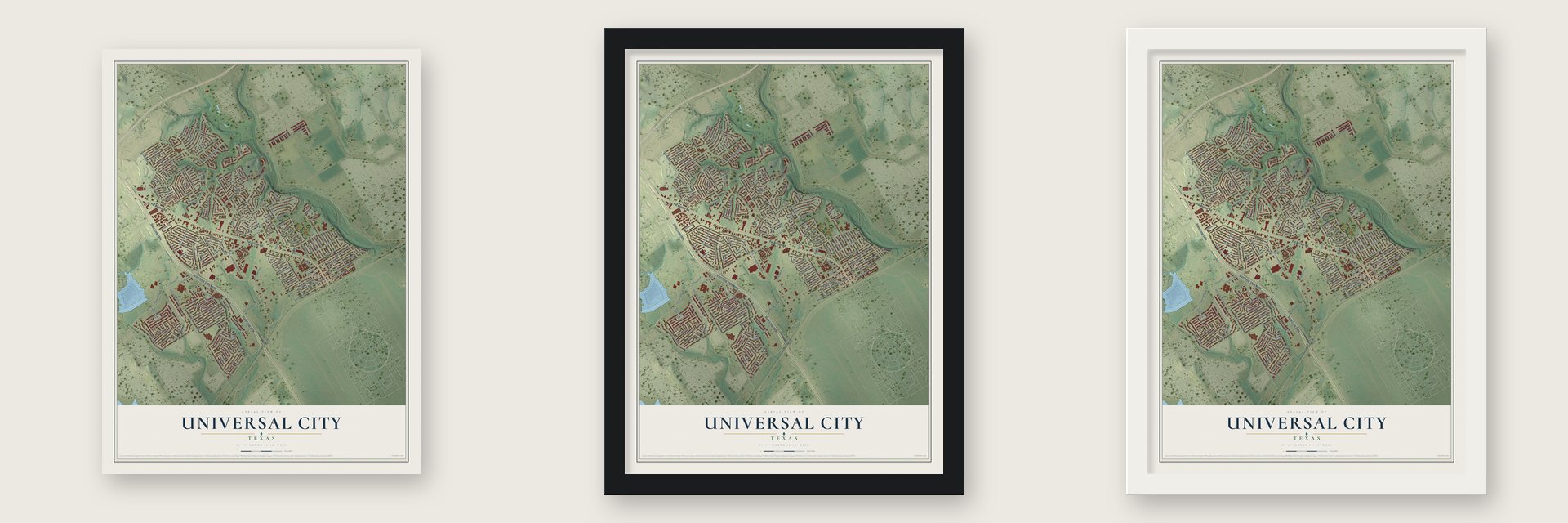 Universal City, Texas map unframed, in a black wood frame and in a white wood frame