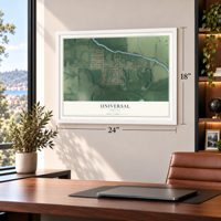 Universal, Indiana map, 18 x 24 inch print in a white frame in a home office