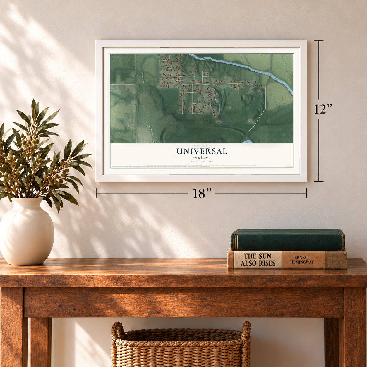 Universal, Indiana map, 12 x 18 inch print in a white frame in an entryway