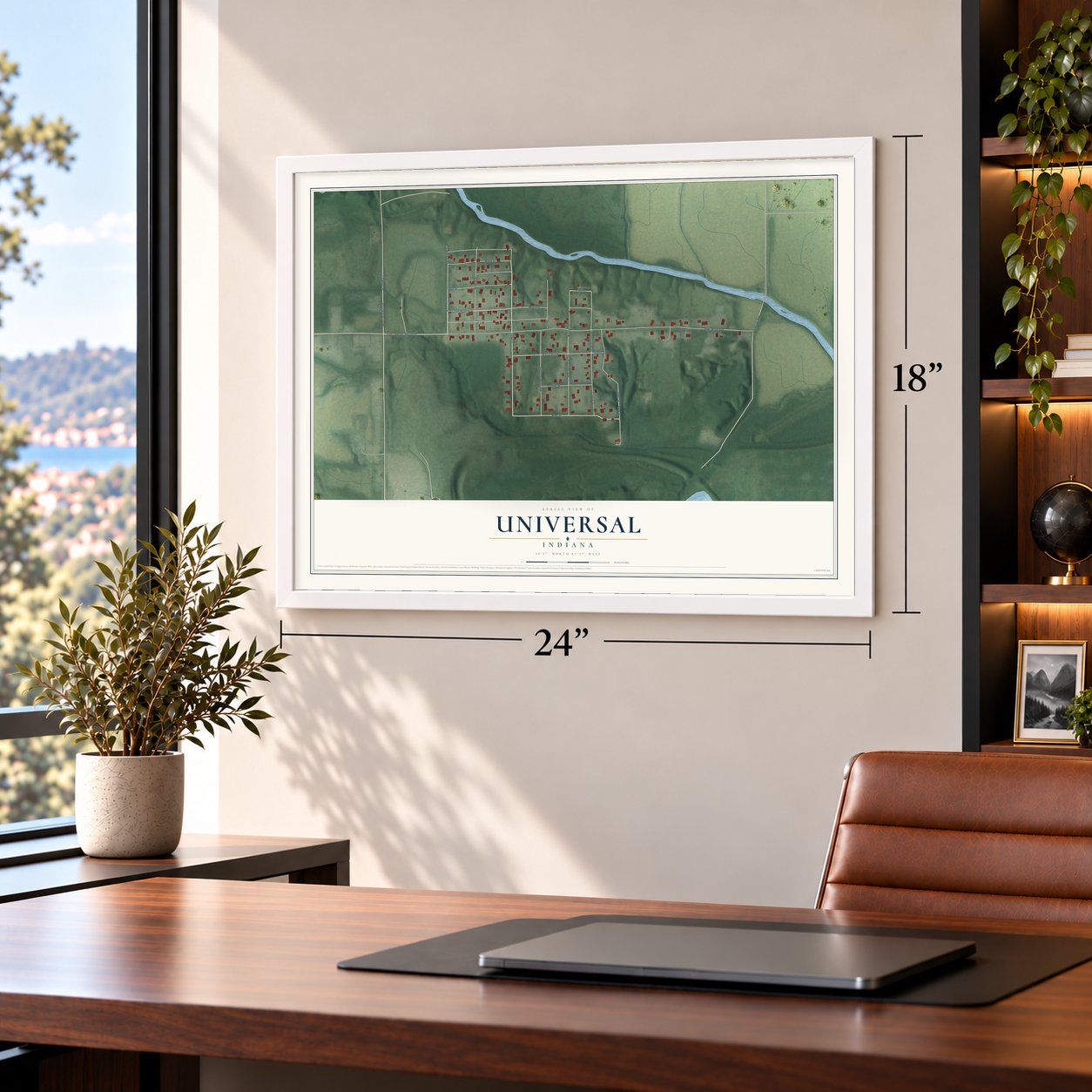 Universal, Indiana map, 18 x 24 inch print in a white frame in a home office
