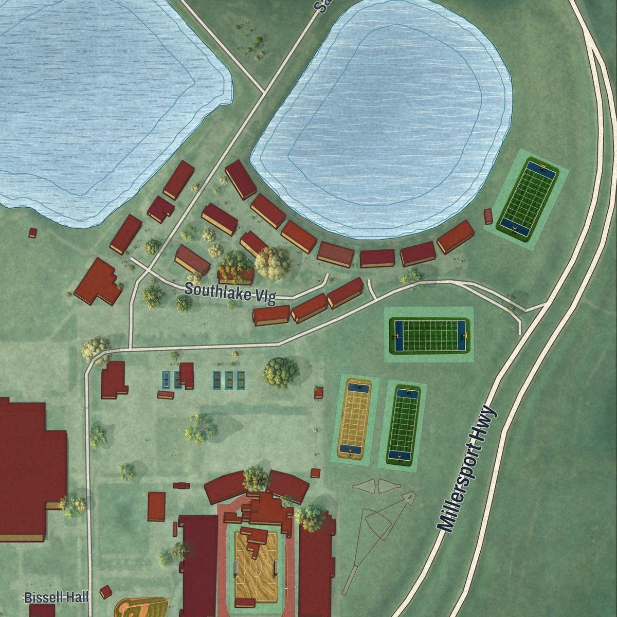 Second close-up of the map of University at Buffalo, New York print showing more streets and buildings