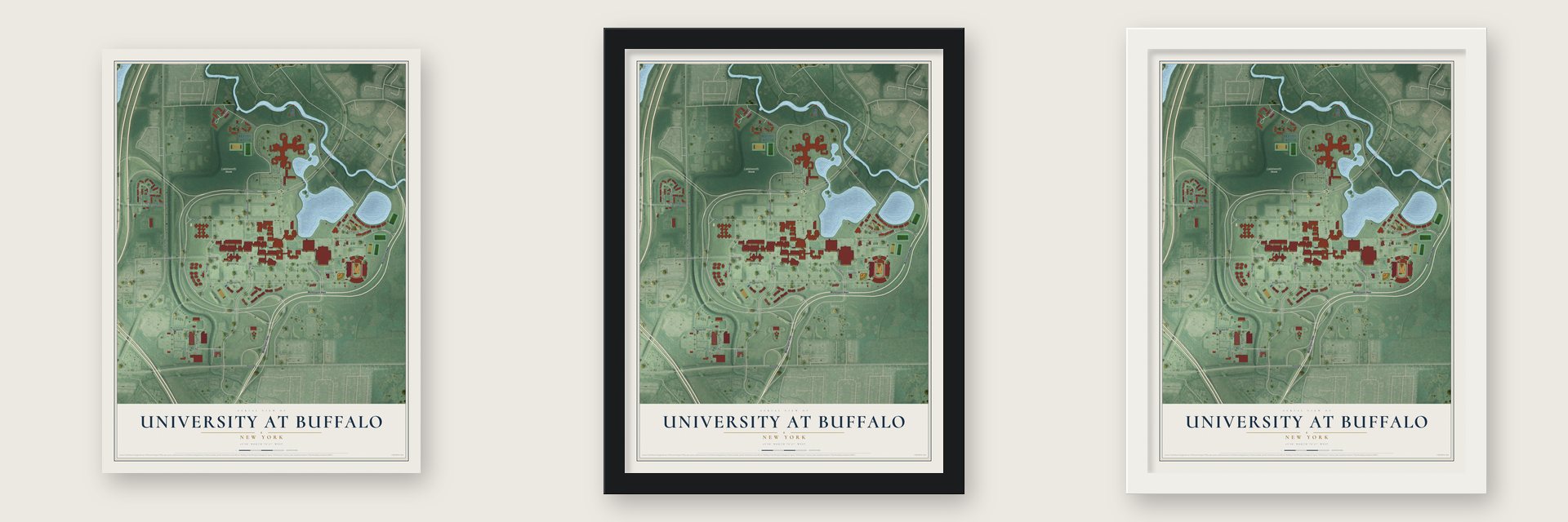 University at Buffalo, New York map unframed, in a black wood frame and in a white wood frame
