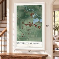 University at Buffalo, New York map, 24 x 36 inch print in a white frame by a staircase