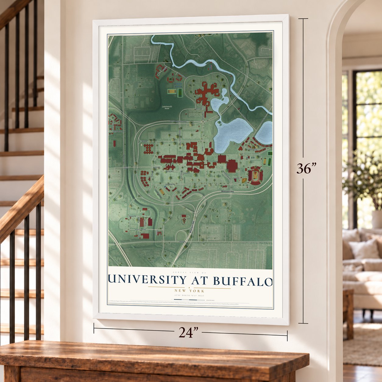 University at Buffalo, New York map, 24 x 36 inch print in a white frame by a staircase