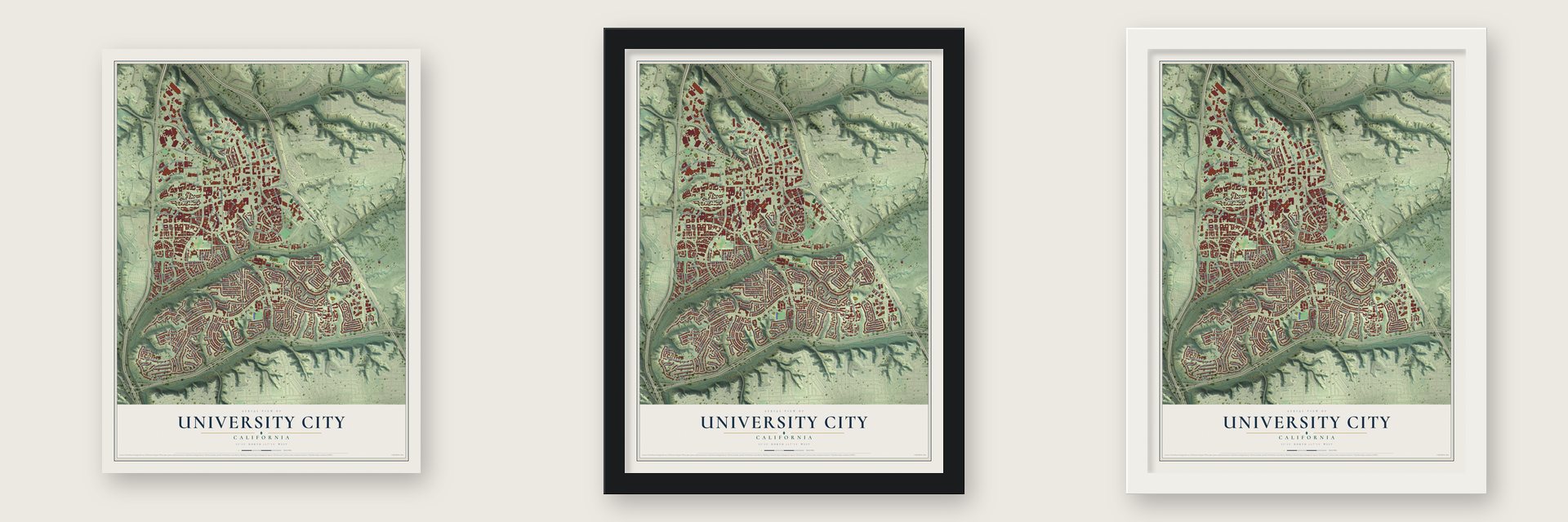 University City, California map unframed, in a black wood frame and in a white wood frame
