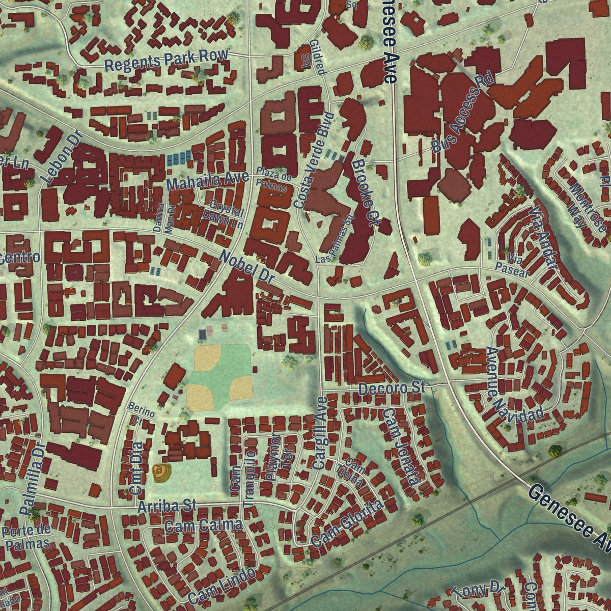 Second close-up of the map of University City, California print showing more streets and buildings