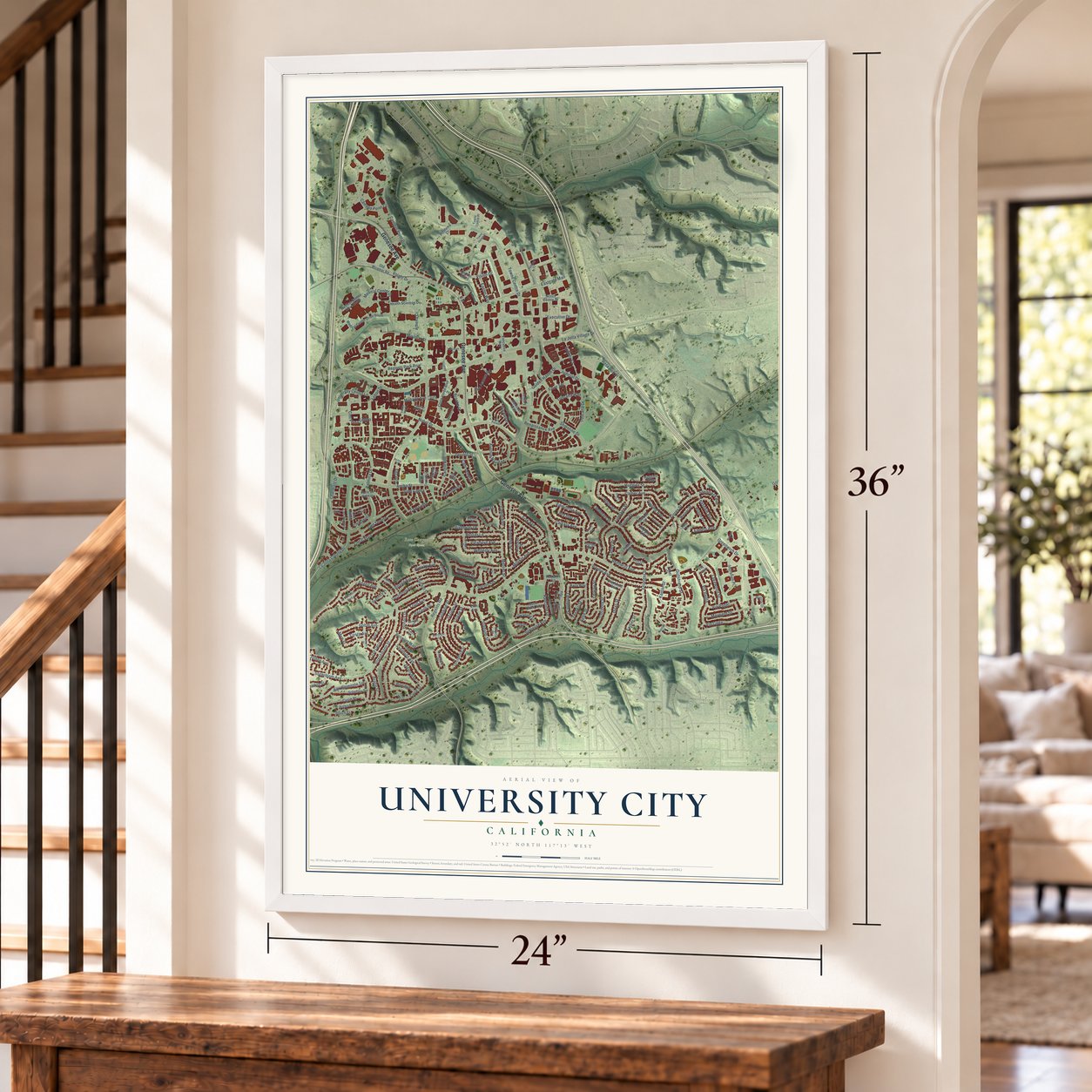 University City, California map, 24 x 36 inch print in a white frame by a staircase