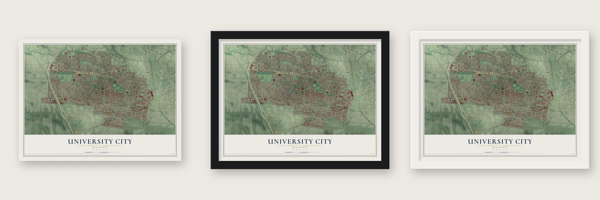 University City, Missouri map unframed, in a black wood frame and in a white wood frame