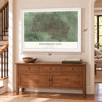 University City, Missouri map, 24 x 36 inch print in a white frame above a dresser by a staircase