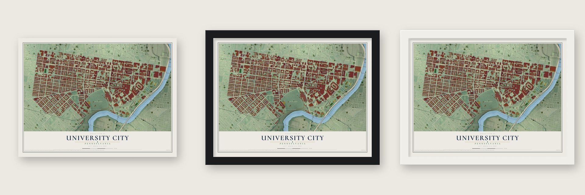 University City, Pennsylvania map unframed, in a black wood frame and in a white wood frame