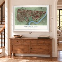 University City, Pennsylvania map, 24 x 36 inch print in a white frame above a dresser by a staircase