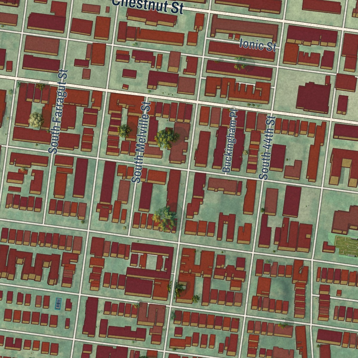 Second close-up of the map of University City, Pennsylvania print showing more streets and buildings