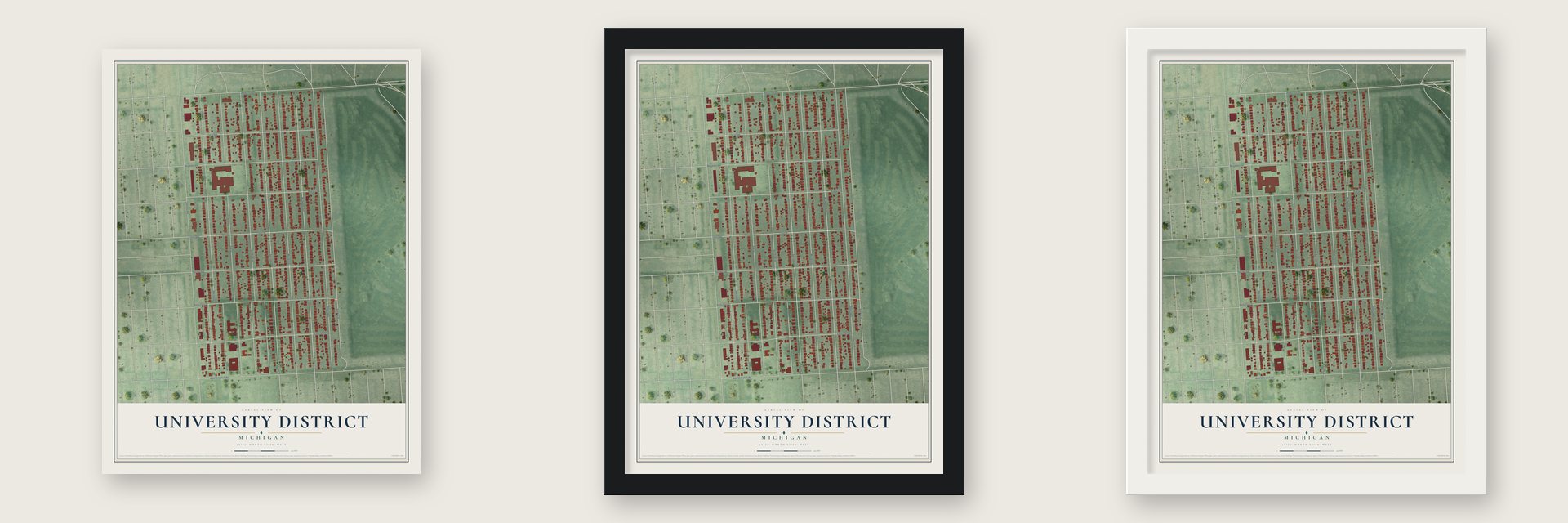 University District, Michigan map unframed, in a black wood frame and in a white wood frame