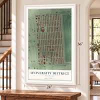 University District, Michigan map, 24 x 36 inch print in a white frame by a staircase