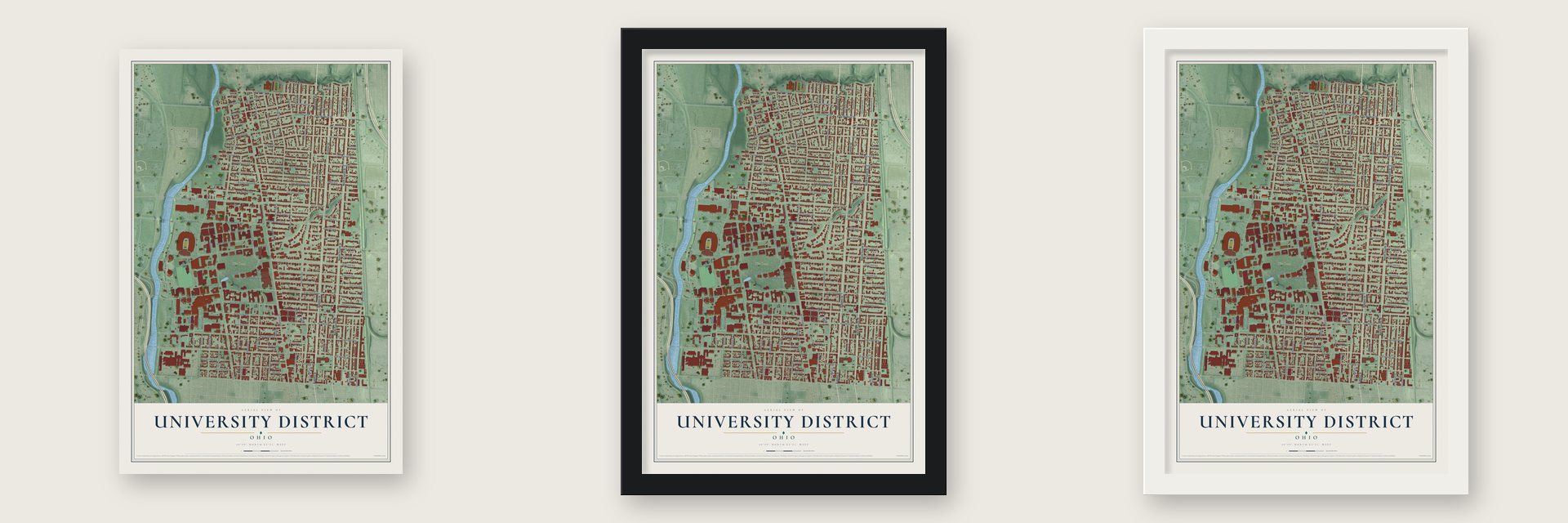 University District, Ohio map unframed, in a black wood frame and in a white wood frame