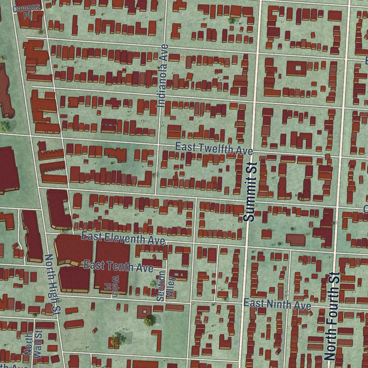 Second close-up of the map of University District, Ohio print showing more streets and buildings
