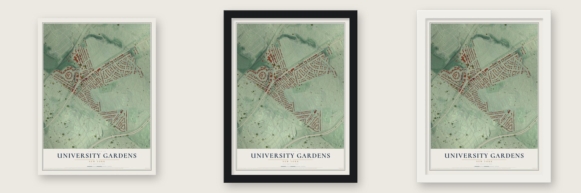 University Gardens, New York map unframed, in a black wood frame and in a white wood frame