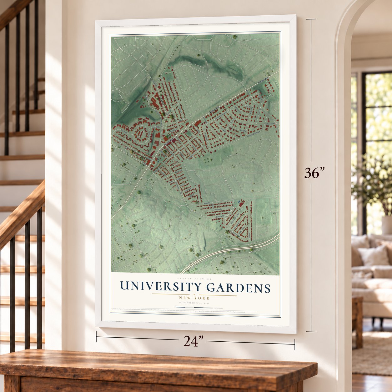 University Gardens, New York map, 24 x 36 inch print in a white frame by a staircase