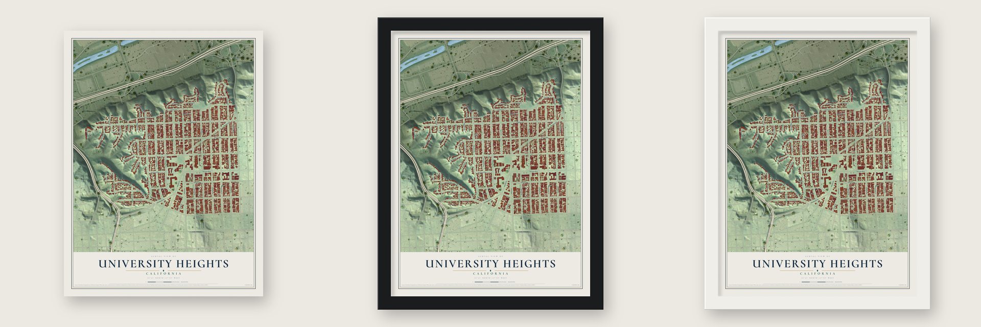 University Heights, California map unframed, in a black wood frame and in a white wood frame
